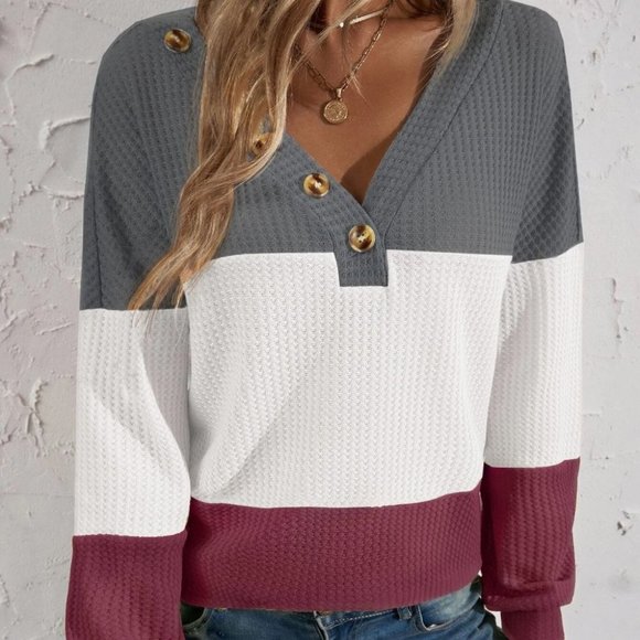 . Tops - Casual Womens button detailed colorblock Tee multi color